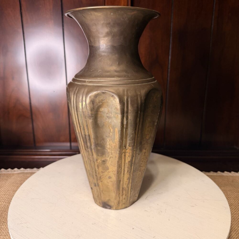 Vintage Brass Fluted Trumpet Vase 11” Heavy Patina